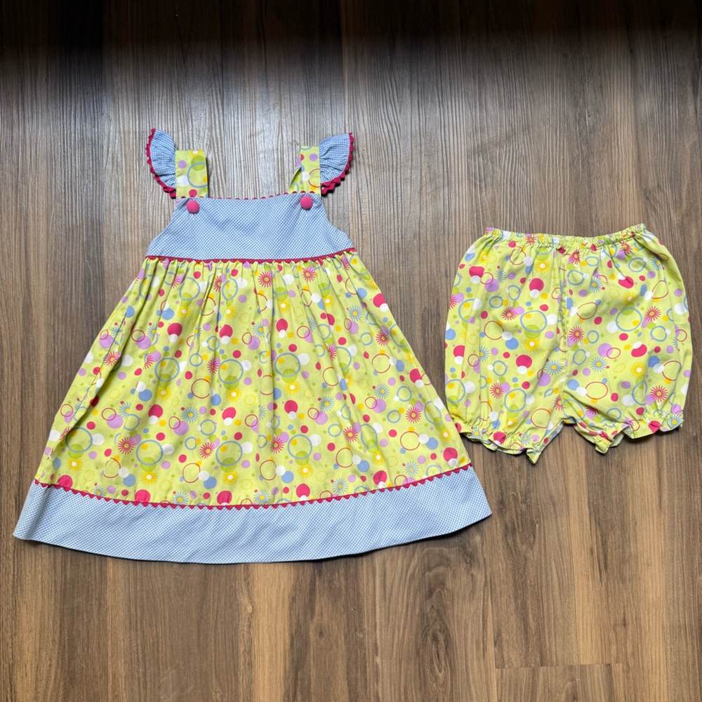 Petit Ami Gingham Floral and Polka Dot Dress & Bloomer Set 18‎ Months